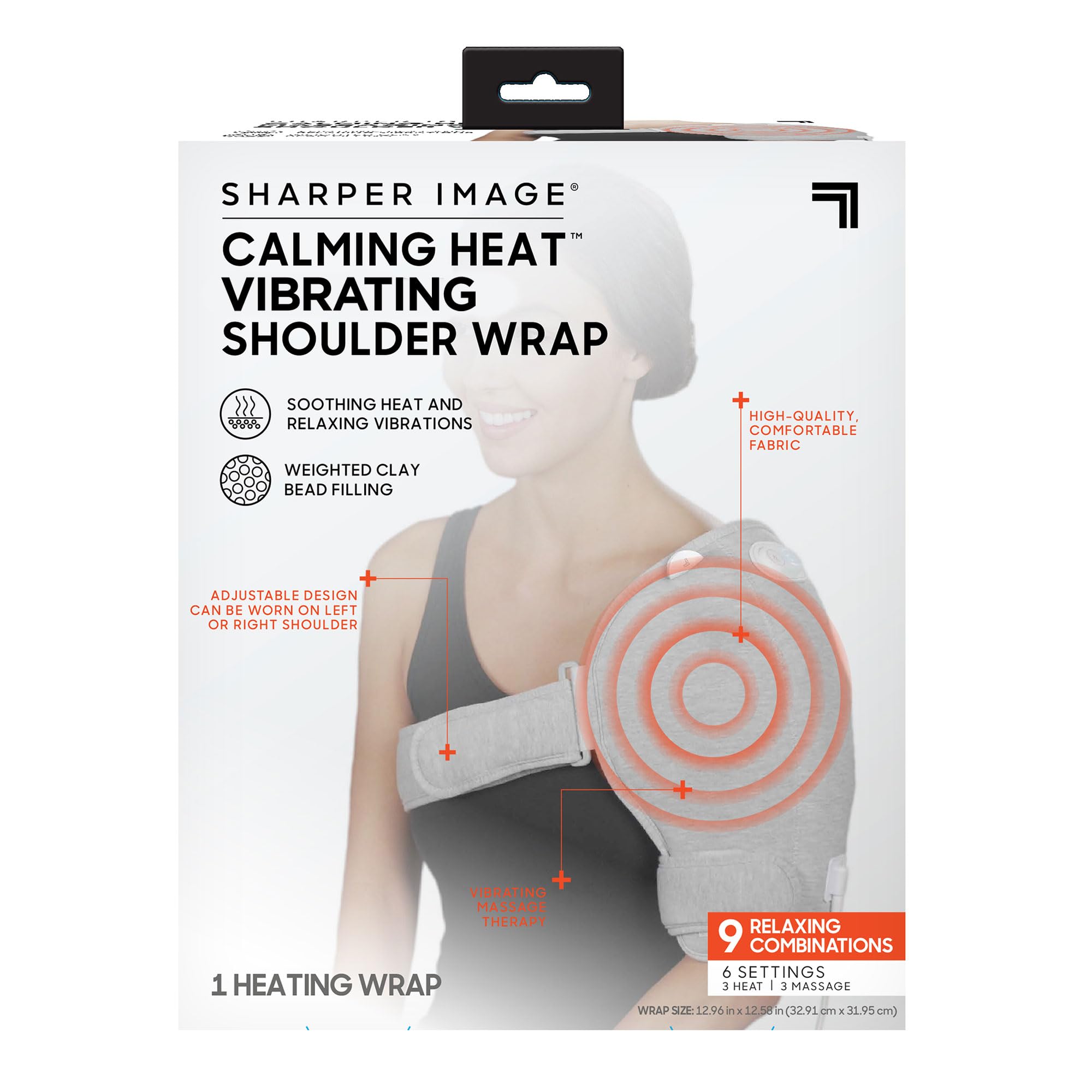 Calming Shoulder Wrap by Sharper Image - Electric Heating Pad with Vibrations & Soothing Heat, Left or Right Shoulder Brace, 3 Heat, 3 Vibration Settings - 9 Relaxing Combinations