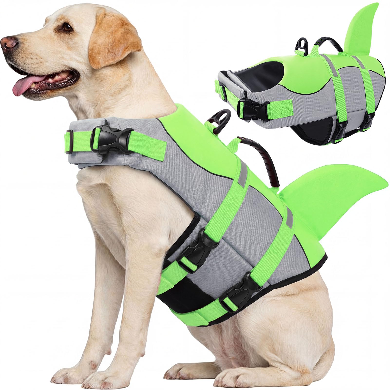 CITÉTOILE Dog Life Jacket Shark Costume, Puppy Safety Vest for Swimming Pool Beach Boating, Training Flotation Vest with Rescue Handle & Reflective Strips for Dogs, Green, XL