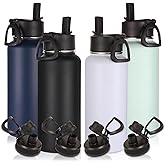 Volhoply 32 oz Insulated Water Bottles Bulk 4 Pack with Straw Lid & Spout Lid,Stainless Steel Sports Water Bottle,Double Wall Vacuum Cups,Leakproof Wide Mouth Metal Flask for Hiking,Camping(Mix,4)
