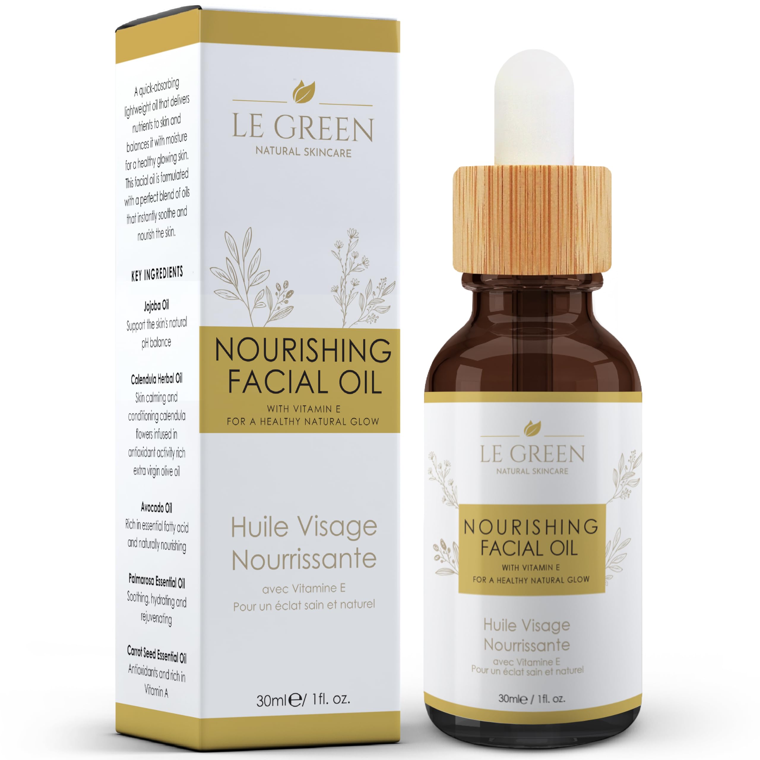 Le Green Face Oil, Face Serum, Complexion-Boosting Blend with Vitamins A & E, Antioxidant-Rich Jojoba Seed & Avocado Oil, Skin-Loving Natural Ingredients for Radiant Skin