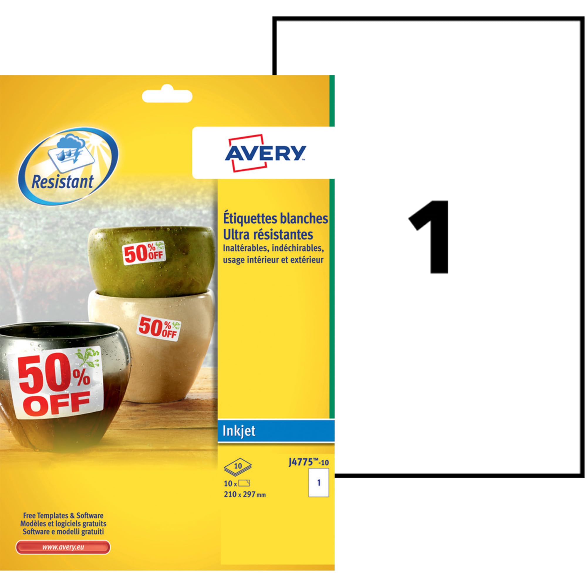 Avery J4775-10 Heavy Duty Weatherproof Printable Labels for Inkjet Printers (210 x 297 mm Labels, 1 Label per A4 Sheet, 10 Sheets per Pack) - White