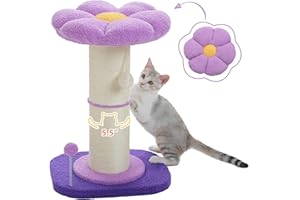 PEQULTI Flower Cat Scratching Post, Small Tree, Tall Scratcher for Indoor Cats With Super Thick Post [Dia=5.5''], Removable Flower Bed, Scratch Post With Spring Ball, Purple