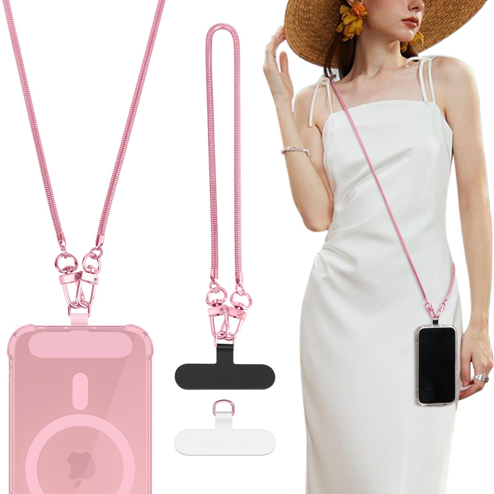 TiMOVO Phone Crossbody Strap, Universal Phone Lanyard with 1× Metal Phone Strap, 1× Wrist Strap Protective Shell with Anti-Scratch Phone Lanyards Compatible with Most Smartphones, Pink