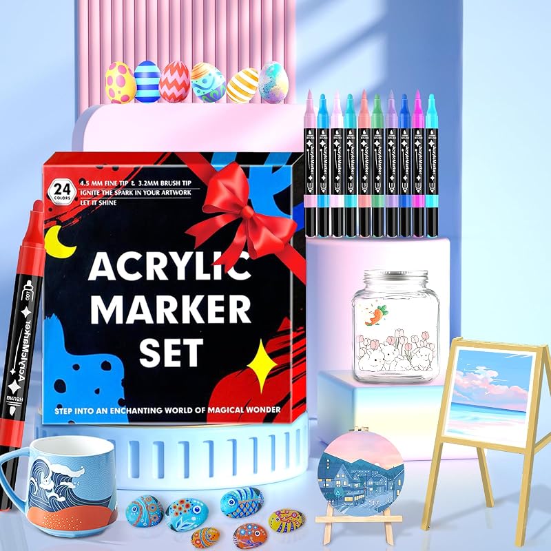 24 Farben Acrylstifte Set Wasserfest, Dual Tip Marker für Steine & DIY