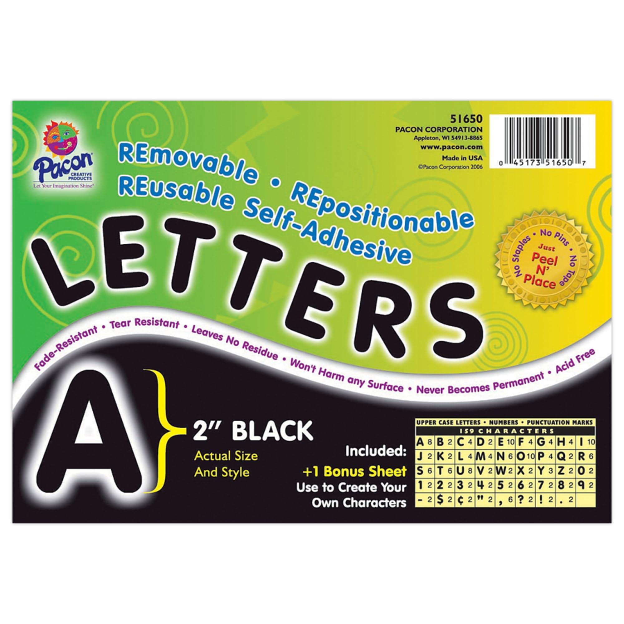 Photo 1 of Pacon Self-Adhesive Letters, Black, Puffy Font, 2", 159 Characters