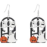 Seakuur Halloween Wooden Pumpkin Ghost Earrings Spooky Cute Cat Bat angle Drop Earrings for Women Costume Party Jewelry Accessories