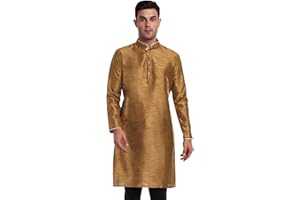 SKAVIJ Men's Art Silk Woven Design Long Kurta Mandarin Collar Straight Shirt