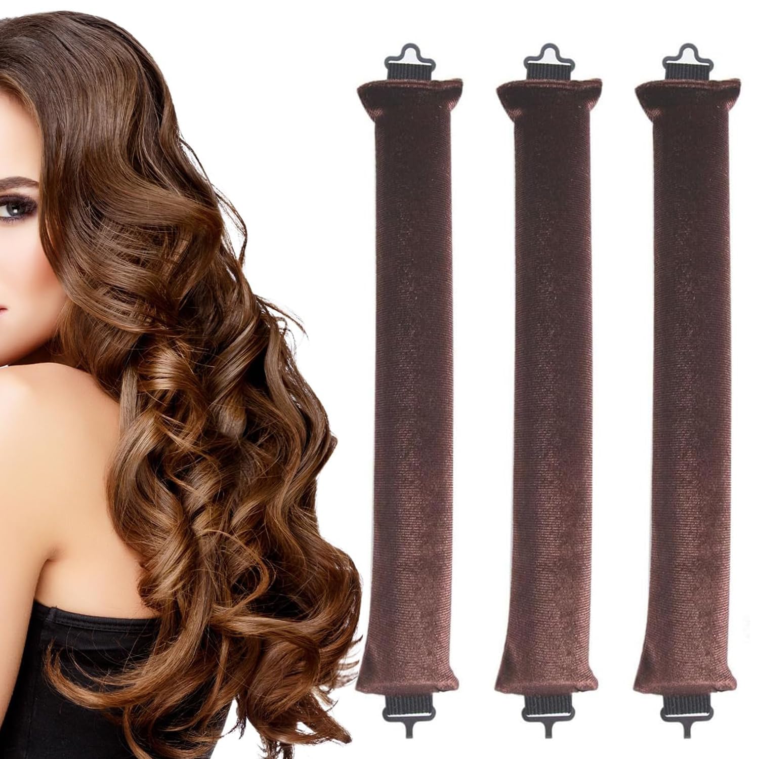 3PCS Heatless Curlers, No Heat Overnight Curls for Long Hair,Sleeping Lazy Curler Set for All Types Women Long Hair Styling Tools (Coffee, One size)