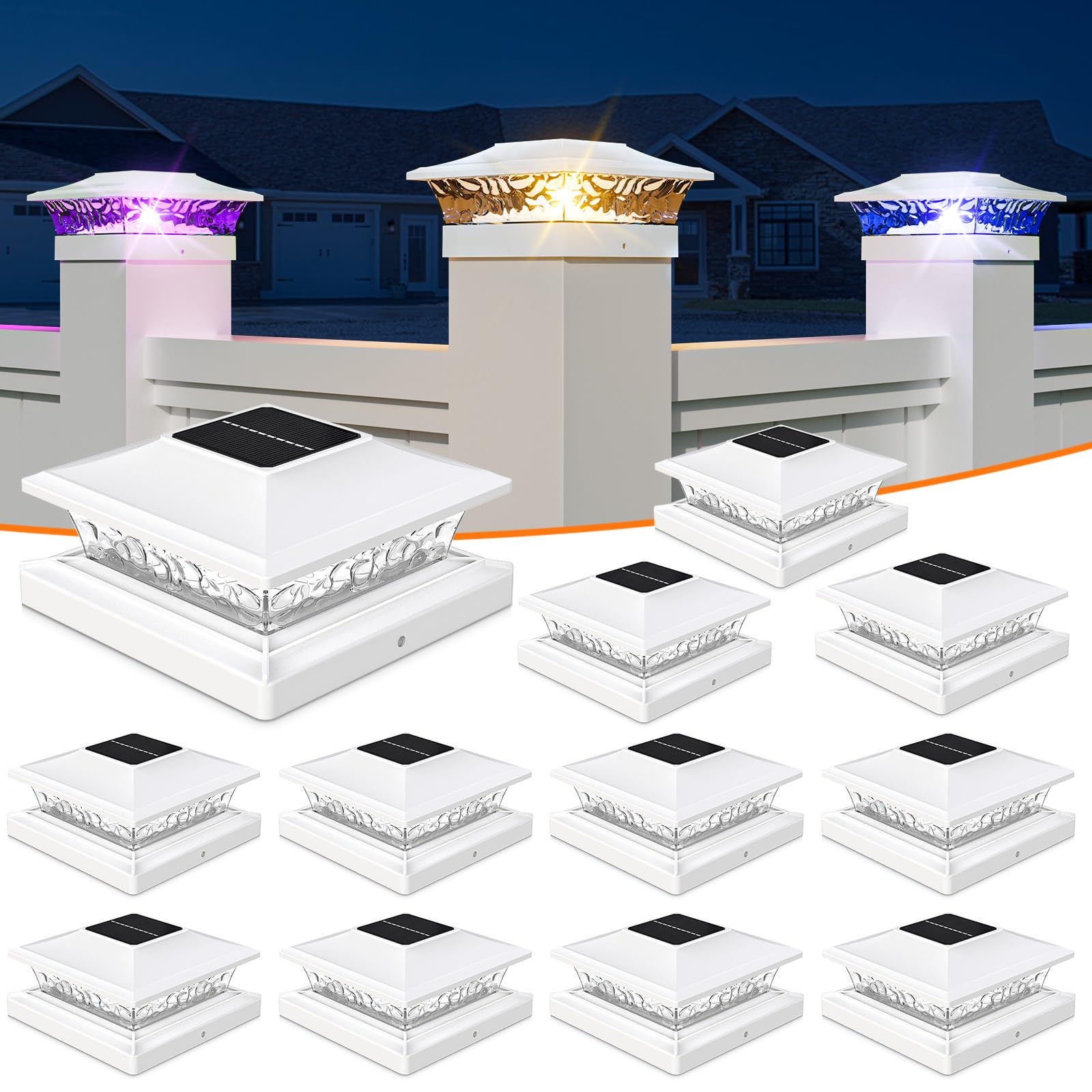 Photo 1 of APONUO Solar Post Cap Lights with 8 RGB Solid Colors & Multicolor Flow - 12 Pack Fence Post Solar Lights, IP65 Waterproof - Fits 4x4 5x5 6x6 Wood & Vinyl Posts - White