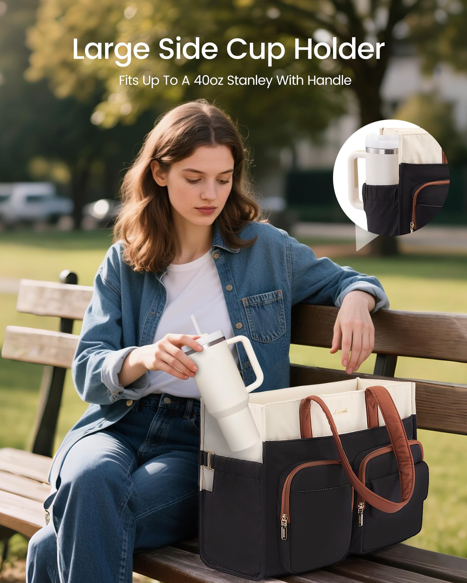 LOVEVOOK Teacher Tote Bag for Women,Multi-pocket Laptop Bag with Large Cup Holder,Nurse Bags Work Travel Computer Handbag