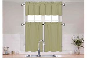 Home Collection 3 Pieces Solid Color Kitchen Curtain Set Tier and Valence with Rod Pocket Microfiber 100% Sunlight Blackout Drapes Window Treatment New (Sage Green)