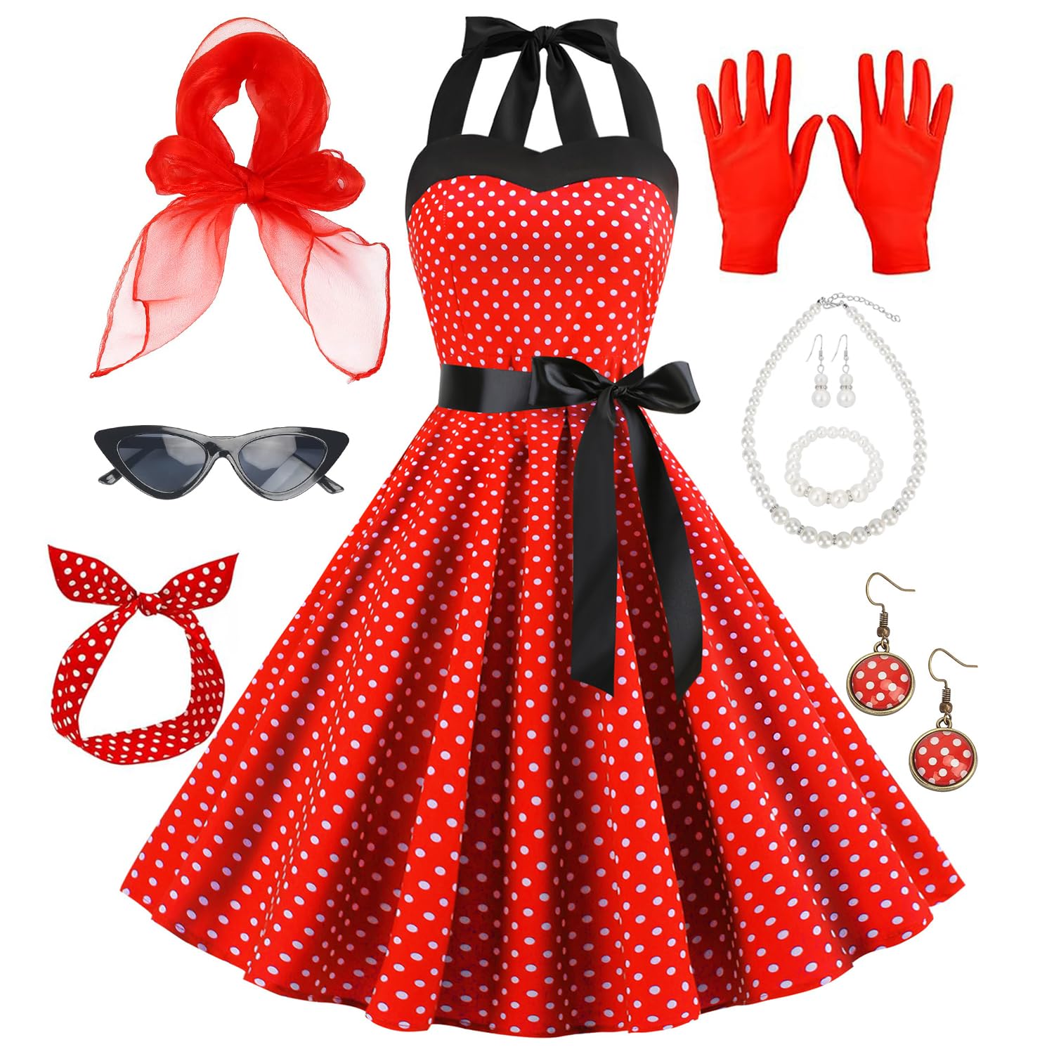 TOYTOPIE 50s Costume Accessories, 1950s Fancy Dress Kit Women Retro Outfit with Polka Dot Dress, Cat Eye Glasses, Scarf, Headband, Necklace and Gloves for 50s Theme Party Supplies Halloween Costume