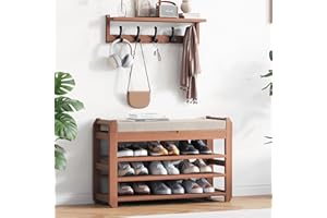 ACSWOD 27.6" Bamboo Shoe Bench with Cushion, 5 Hooks Coat Rack, 3-Tier Adjustable Storage Bench for Entryway, Heavy Duty Shoe