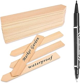 Whaline 50 STK Pflanzenschilder Holz Pflanzenstecker, und 1stück Marker Pen, Stecketiketten Holz für Pflanzen, Etiketten, Garten, 15CM Lange