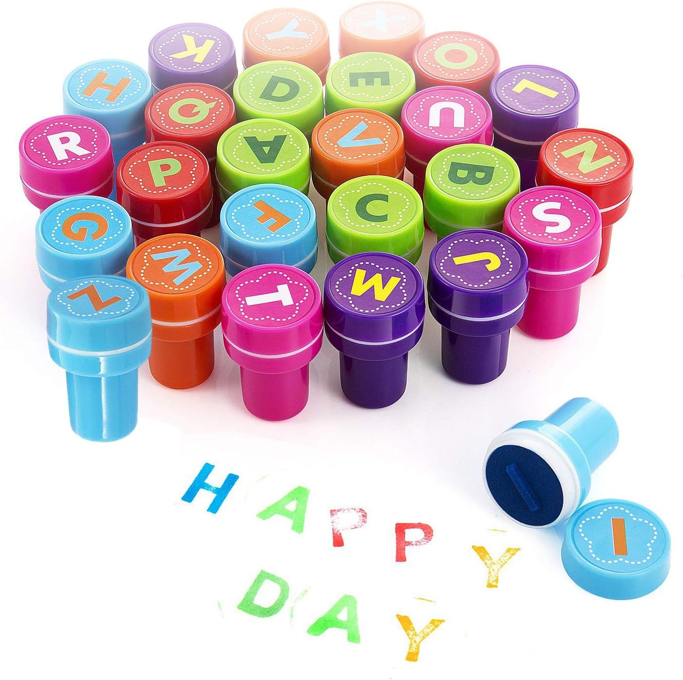 Xrten 26 Alphabets Kids Cartoon Stamp, Plastic Signet Set for Children Multicolor Plastic Letter Stamp Game for Baby Birthday Party