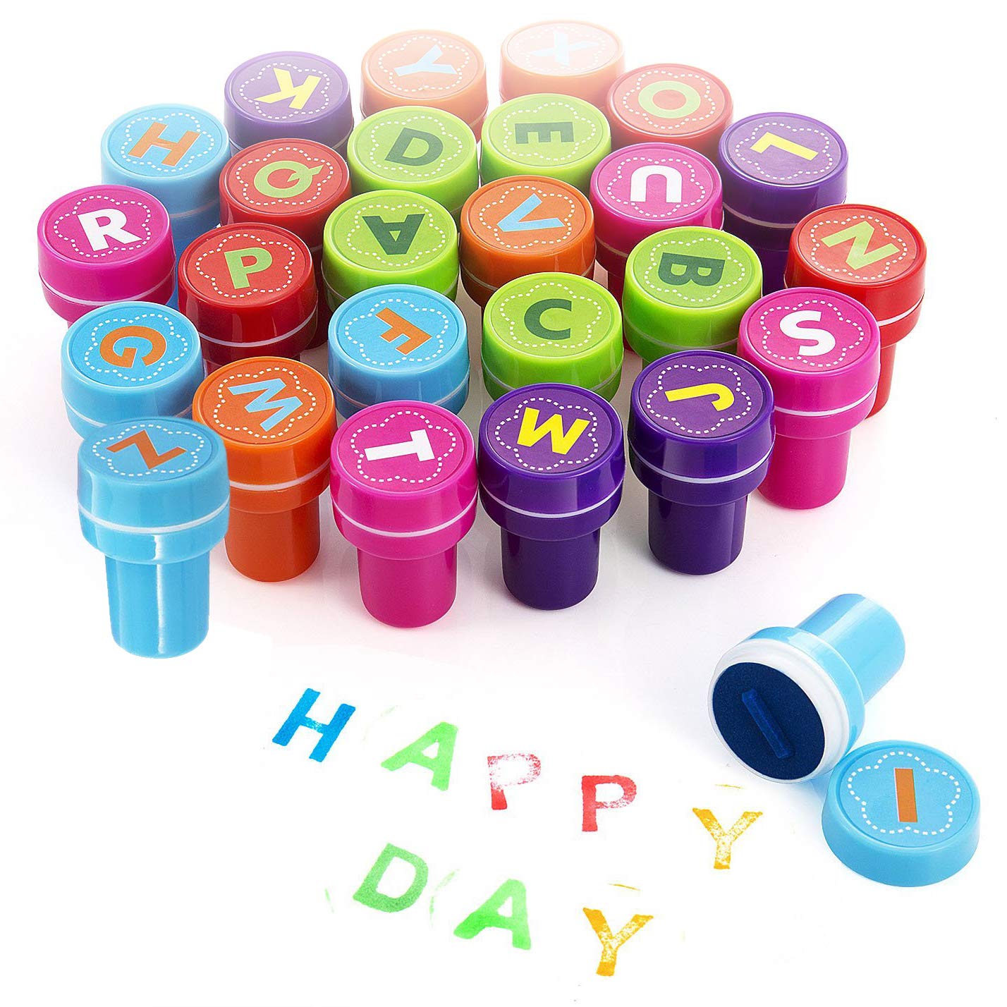 Xrten 26 Alphabets Kids Cartoon Stamp, Plastic Signet Set for Children, Multicolor Plastic Letter Stamp Game for Baby Birthday Party