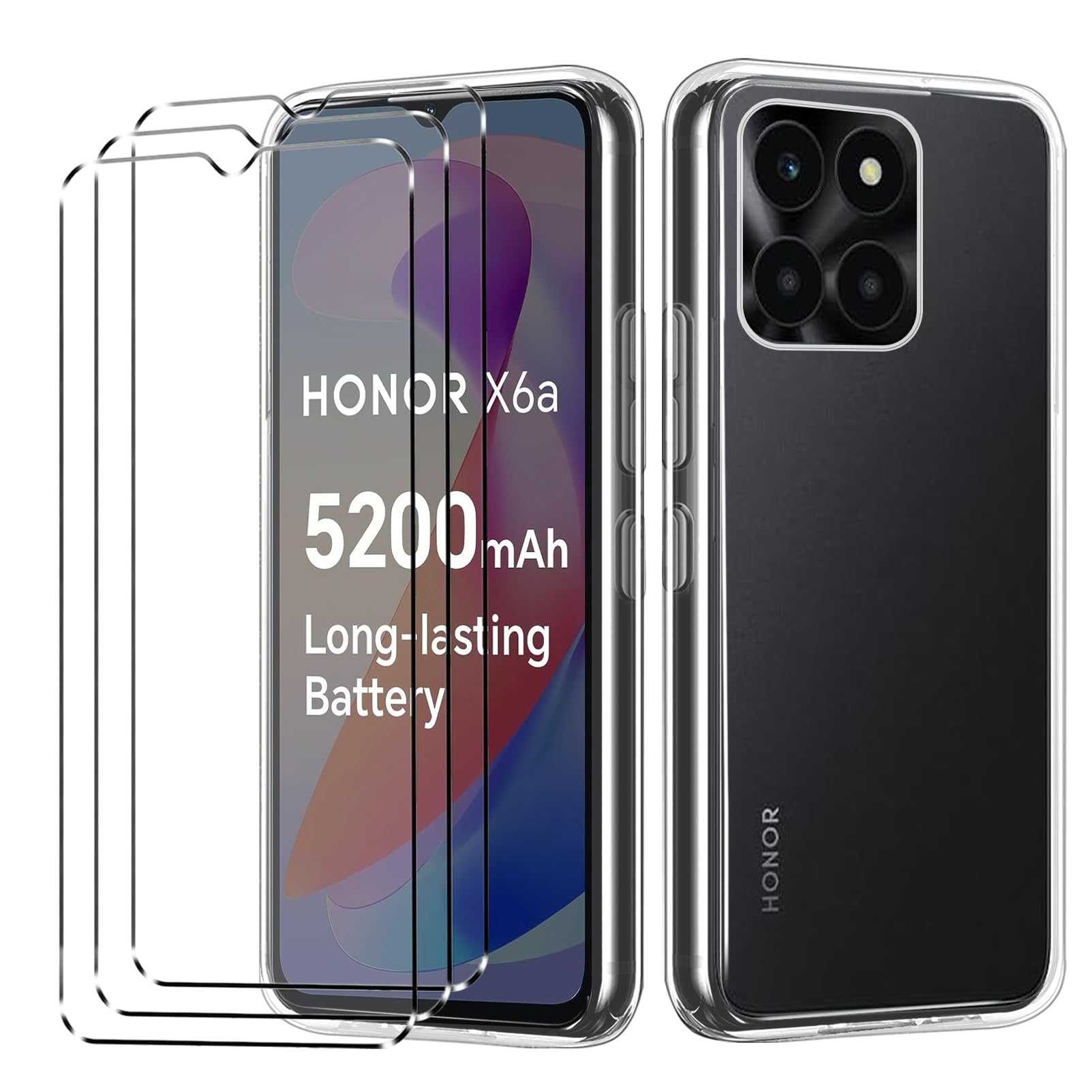 [4 in 1] Case Compatible with Honor X6A Cover with 3 Pack Tempered Glass Screen Protector for Honor X6A, Slim Fit Soft TPU Shockproof Anti-Scratch Phone Case Cover - Clear