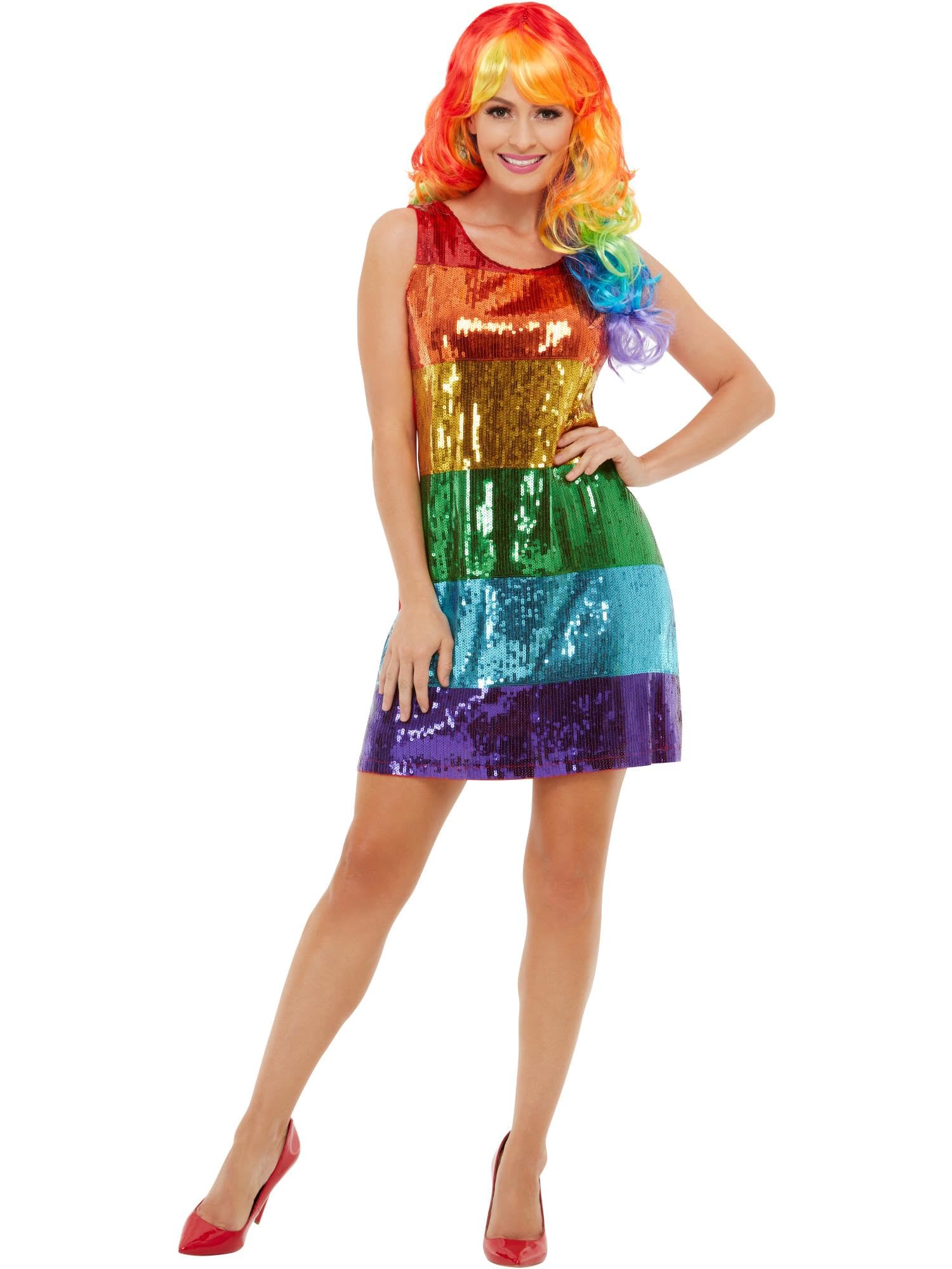Smiffys All That Glitters Rainbow Costume, Multi-Coloured with Sequin Dress, Rainbow/Gay Pride Items Fancy Dress, Adult Dress Up Costumes Halloween