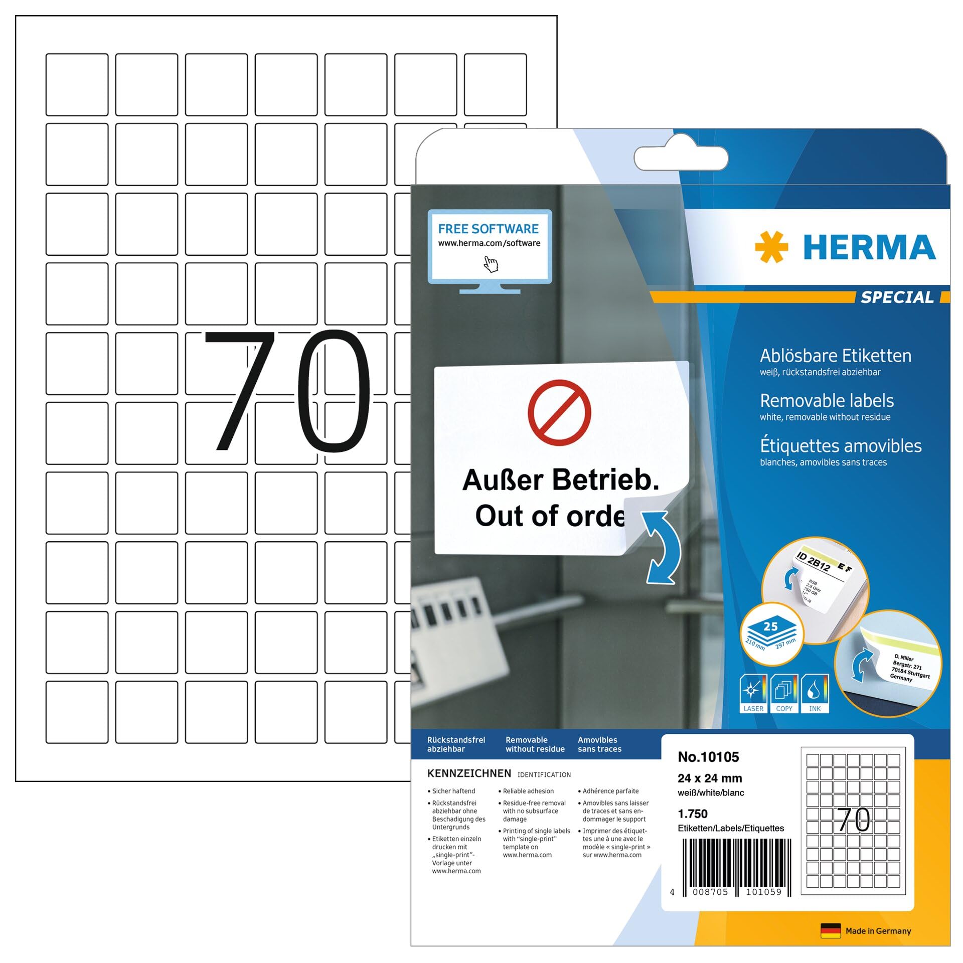 HERMA Self Adhesive Removable Labels, 70 Labels per A4 Sheet, 25 Sheets, 24 x 24 mm, 1750 Labels, Blank Multipurpose Labels Stickers, Sticky Labels for Laser & Inkjet Printer, White