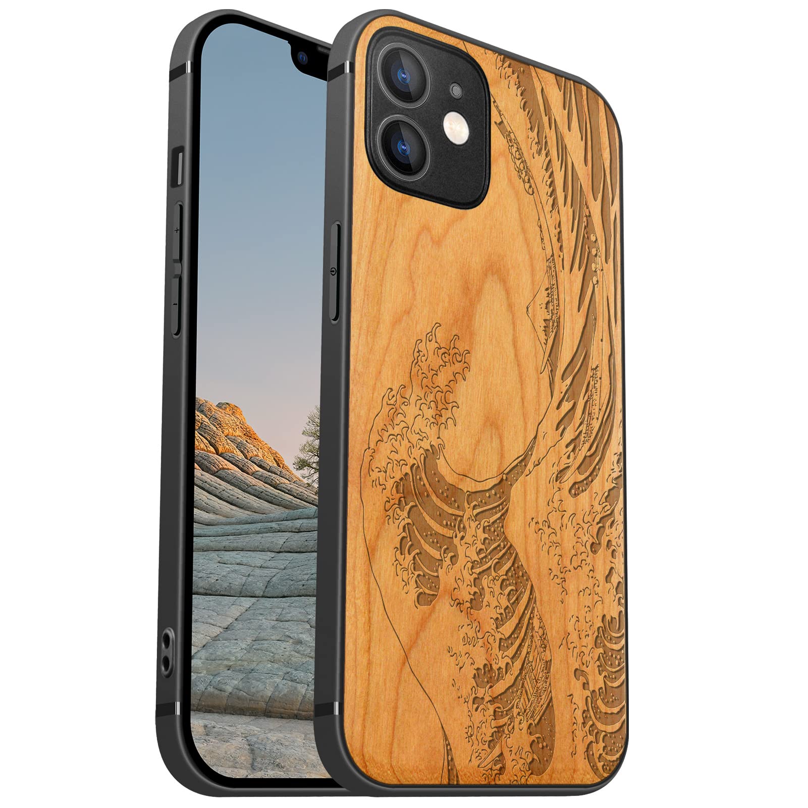 Carveit Magnetic Wood Case for iPhone 12 - Hard Real Wood & Soft TPU - Shockproof Protective Cover - Unique & Classy Wooden Case - Compatible with MagSafe - The Great Wave Off Kanagawa - Cherry