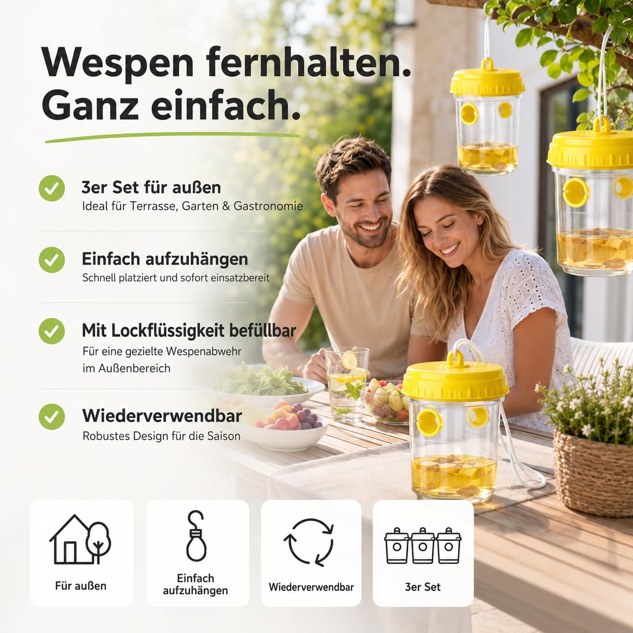 Wespenfallen – Starke Wespenabwehr für Außenbereiche – praktische Lösung gegen Wespen für Garten, Balkon und Outdoor - Insektenfalle (3X) 2