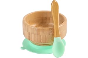 HI BABY MONMENT Baby Bamboo Bowls with Suction and Matching Spoon Set - 2PC Feeding Supplies Set for Infant, Toddlers - Detachable Silicone Suction Stay Put Base for Wooden Bowl - BPA Free （Mint）