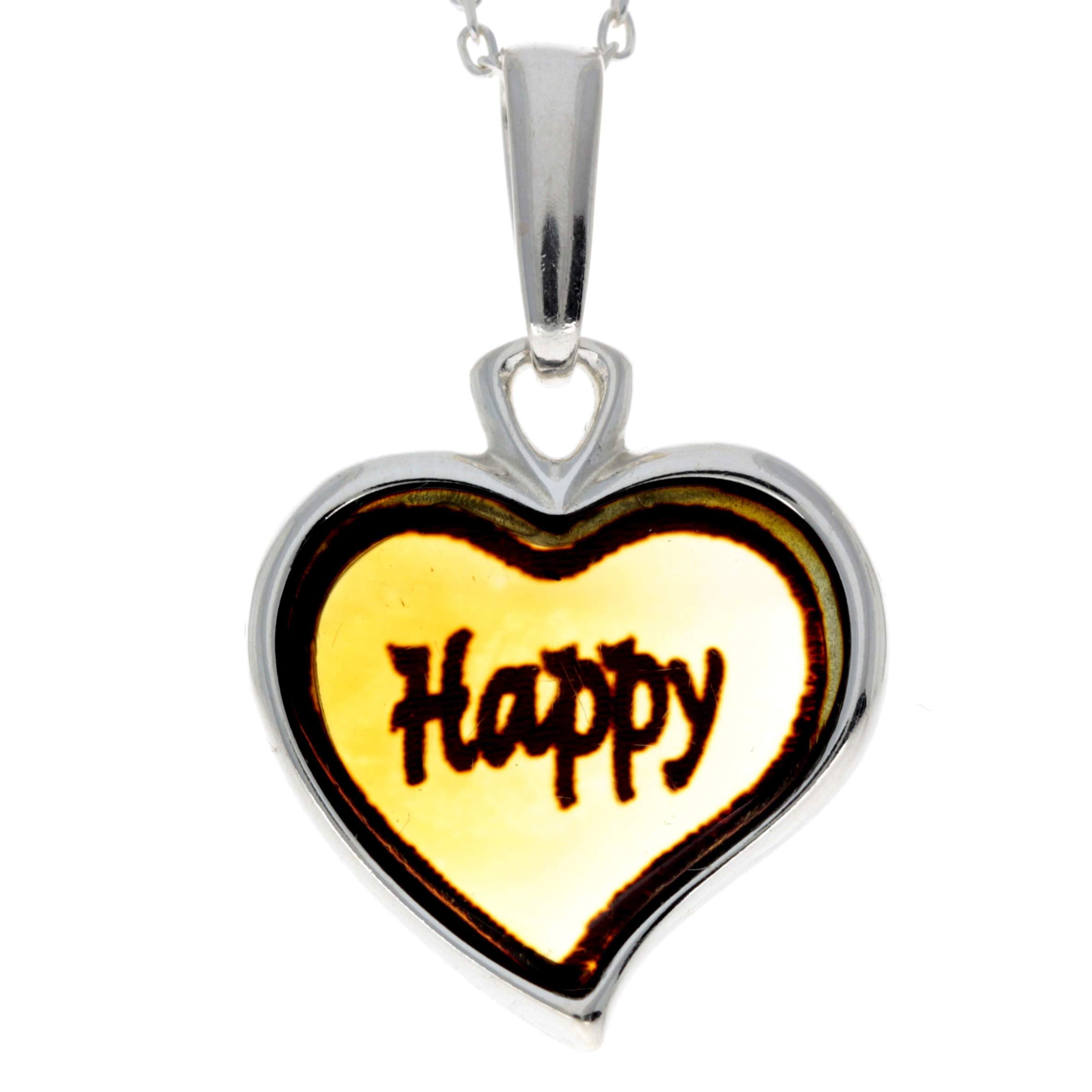 Classic Genuine Heart Happy Engraved Baltic Amber & Sterling Silver Pendant without Chain - AF204H
