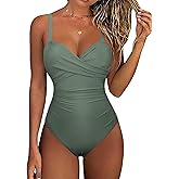 Hilor Women's Underwire One Piece Swimsuits Criss Cross Push Up Bathing Suit Retro Ruched Tummy Control Swimwear