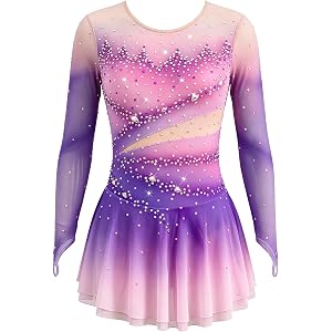LIUHUO Gradient Rhinestone Ice Figure Skating Dress Girls Women | Long Sleeve Competition, Ice Skating Costume, Stretchy Perf