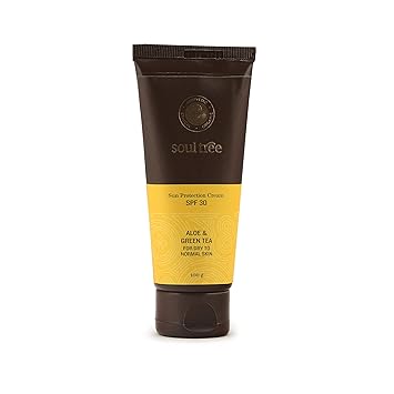 SoulTree Sun Protection Cream SPF 30, With Aloe & Green Tea, For Dry to Normal Skin, 100gm