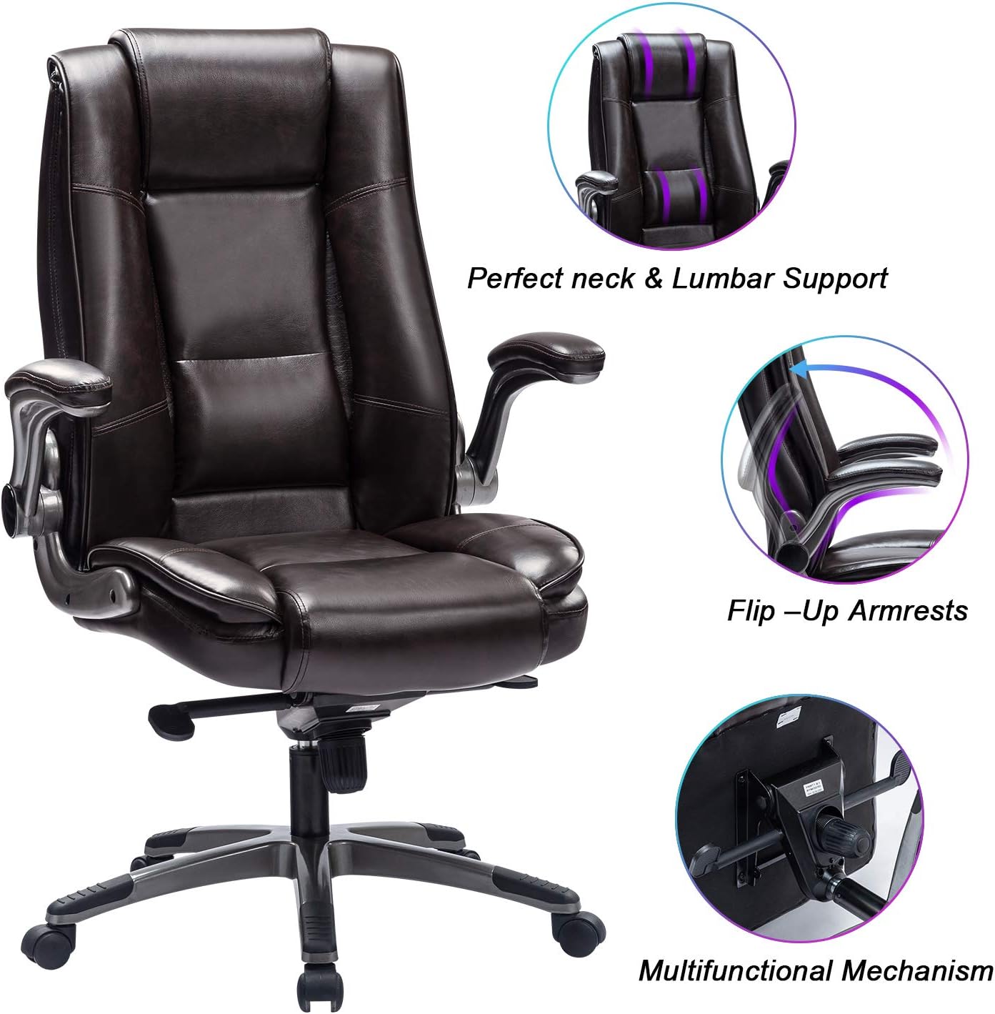 VANBOW High Back Leather Office Chair Adjustable Tilt Angle and Flip
