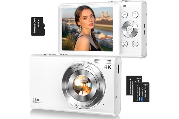 Digital Camera,Autofocus 4K Vlogging Camera for Photography with 32GB Card,48MP Portable Compact Point and Shoot Digital Camera for Teens Adult Beginner with 16X Zoom,Anti-Shake,2 Batteries(White)