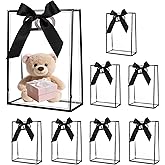 Zeivvnef 8 Pack Clear Gift Bags with Handles 7x10x3.15 Inches, Plastic Favor Bags with Ribbons, Reusable Party Gift Bags for Birthday Christmas Wedding (Black)