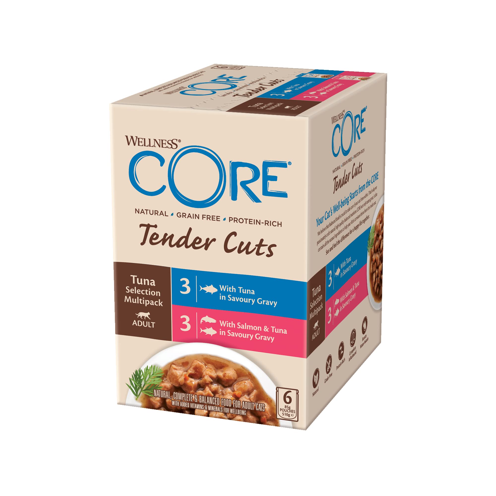 Wellness CORE Tender Cuts 6 x 85g, Tuna Selection Mix – Wet Cat Food, Tender Pieces in Sauce, Grain-Free, Natural, Hypoallergenic, Protein-Rich, High Fish Content
