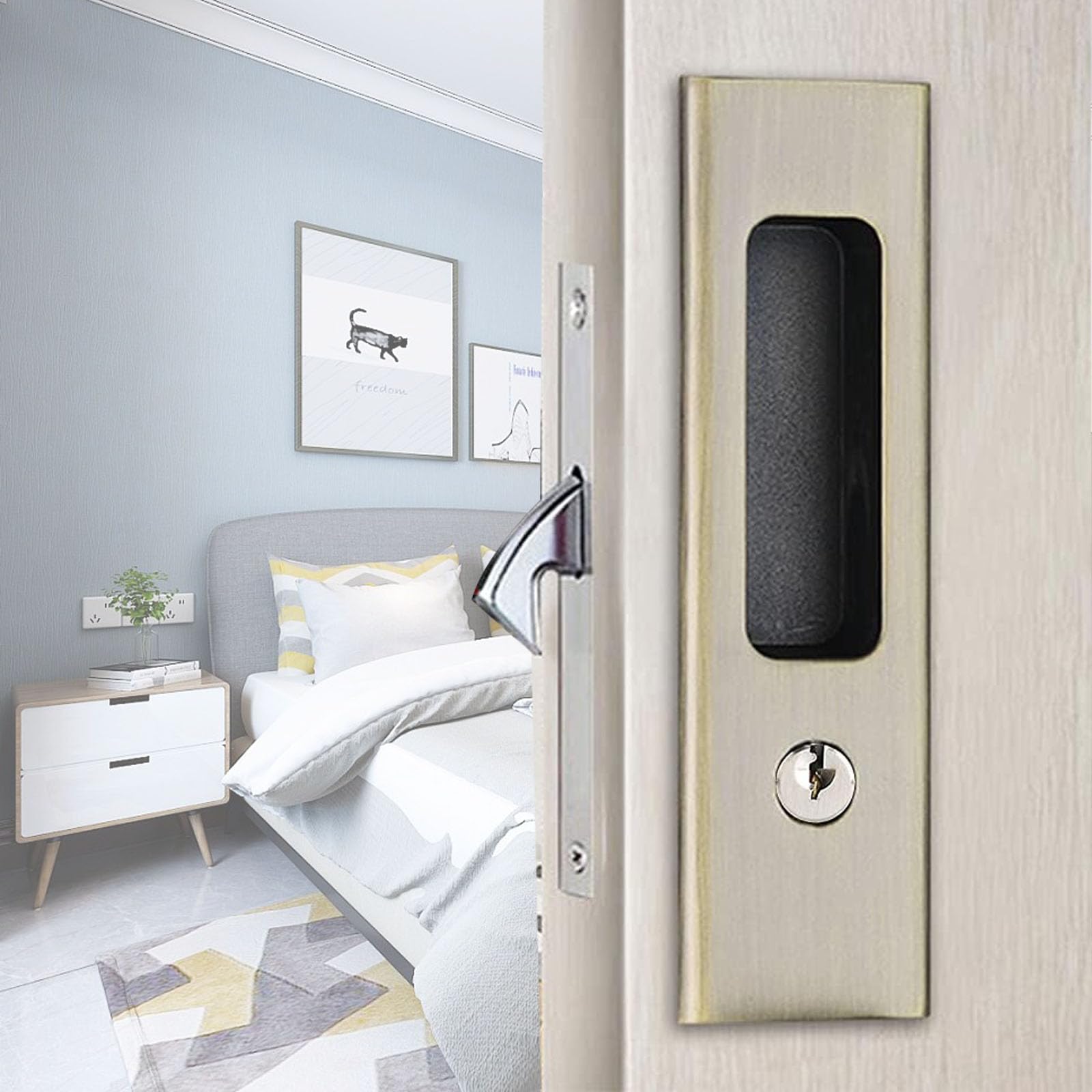 Betensh Sliding Door Handle for Door Lock Door Handle Sets Pocket Door Lock with Key Invisible Recessed Handle 160 mm Sliding Door Mortice Lock Handle Bronze