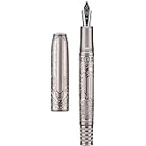 Hongdian 100 Piston Fountain Pen Silver Steel, Iridium Medium Nib Calligraphy Pen, Smooth Writing Pen with Pen Case Set