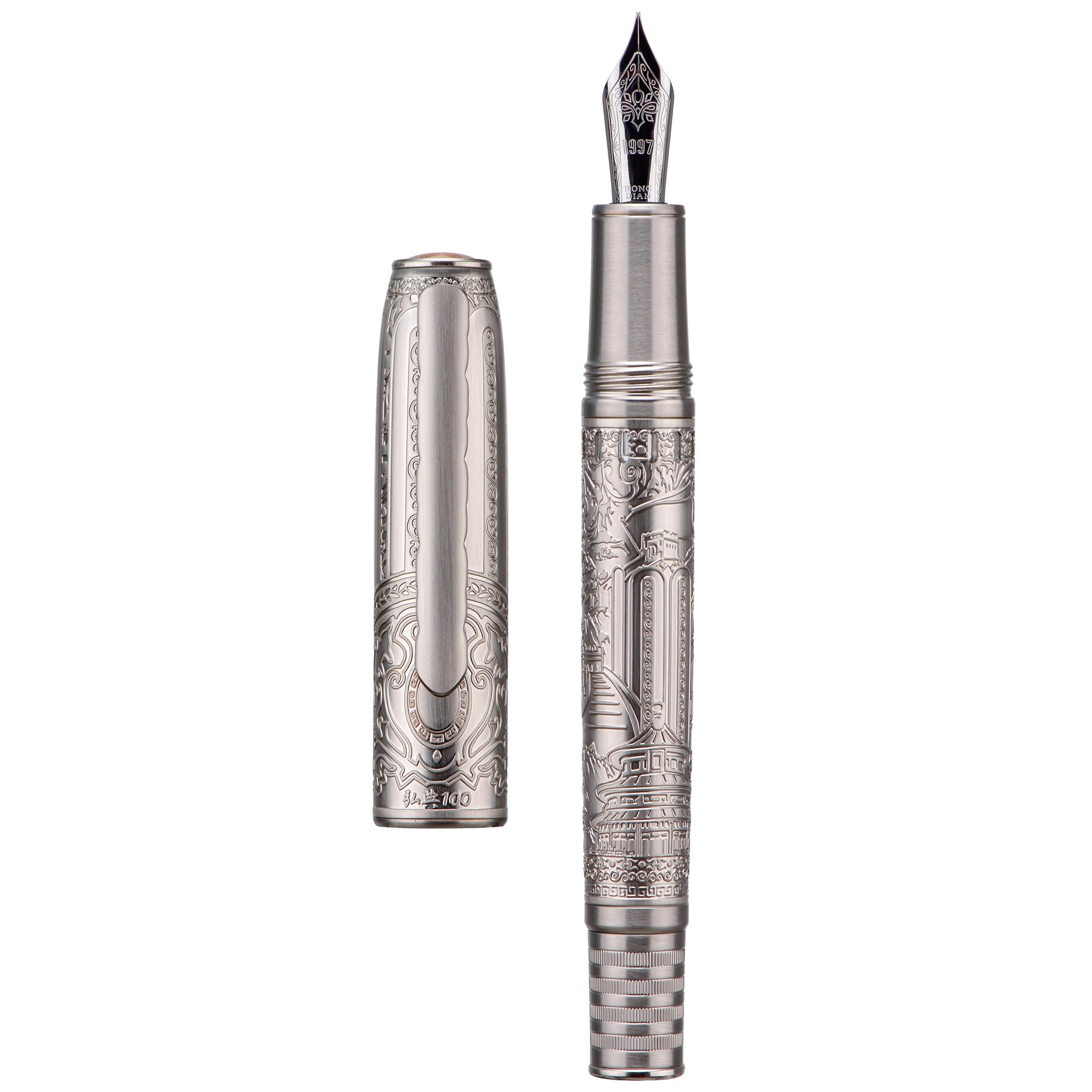 Hongdian 100 Piston Fountain Pen Silver Steel, Iridium Medium Nib Calligraphy Pen, Smooth Writing Pen with Pen Case Set