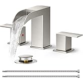 FORIOUS Bathroom Faucets 3 Hole Brushed Nickel, Waterfall 8 Inch Widespread Bathroom Sink Faucet with Metal Pop-up Drain and Supply Lines, Two Handles for Vanity, Lavatory, Restroom