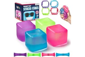 FIDGETOPIA 4 Pack Stress Cubes Squishy Blocks for All Ages, +8 Bonus Items, Soft Non-Sticky Feel Squish Anti Anxiety Cube Squeeze Ball Satisfying Sensory Fun Fidgets with Thick Substance Filling Squishable Toys