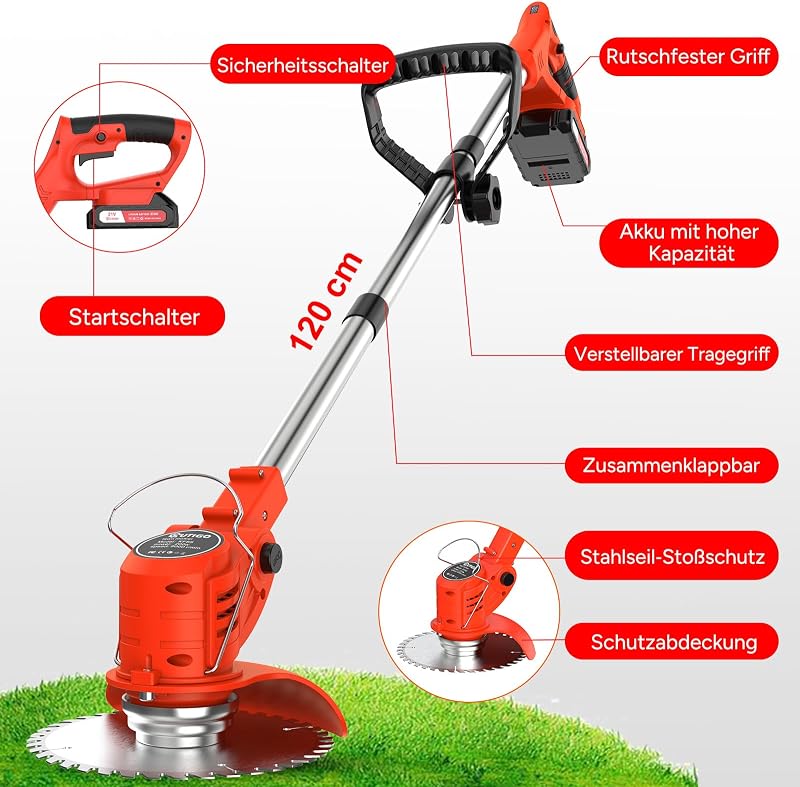Akku-Rasentrimmer mit 2 * 21V Akku, 4 Messer, dreifach klappbarer Mäher, Rasenmäher, Akku-Gartenmäher für Rasen, Sträucher und Büsche. (Orange-FBA) — Foto 8 von 8
