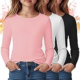 LessonZoo 3 Pack Girl’s Long Sleeve Thermal Shirts Crew Neck Fleece Lined Thermal Underwear Base Layer Tops Casual Undershirt