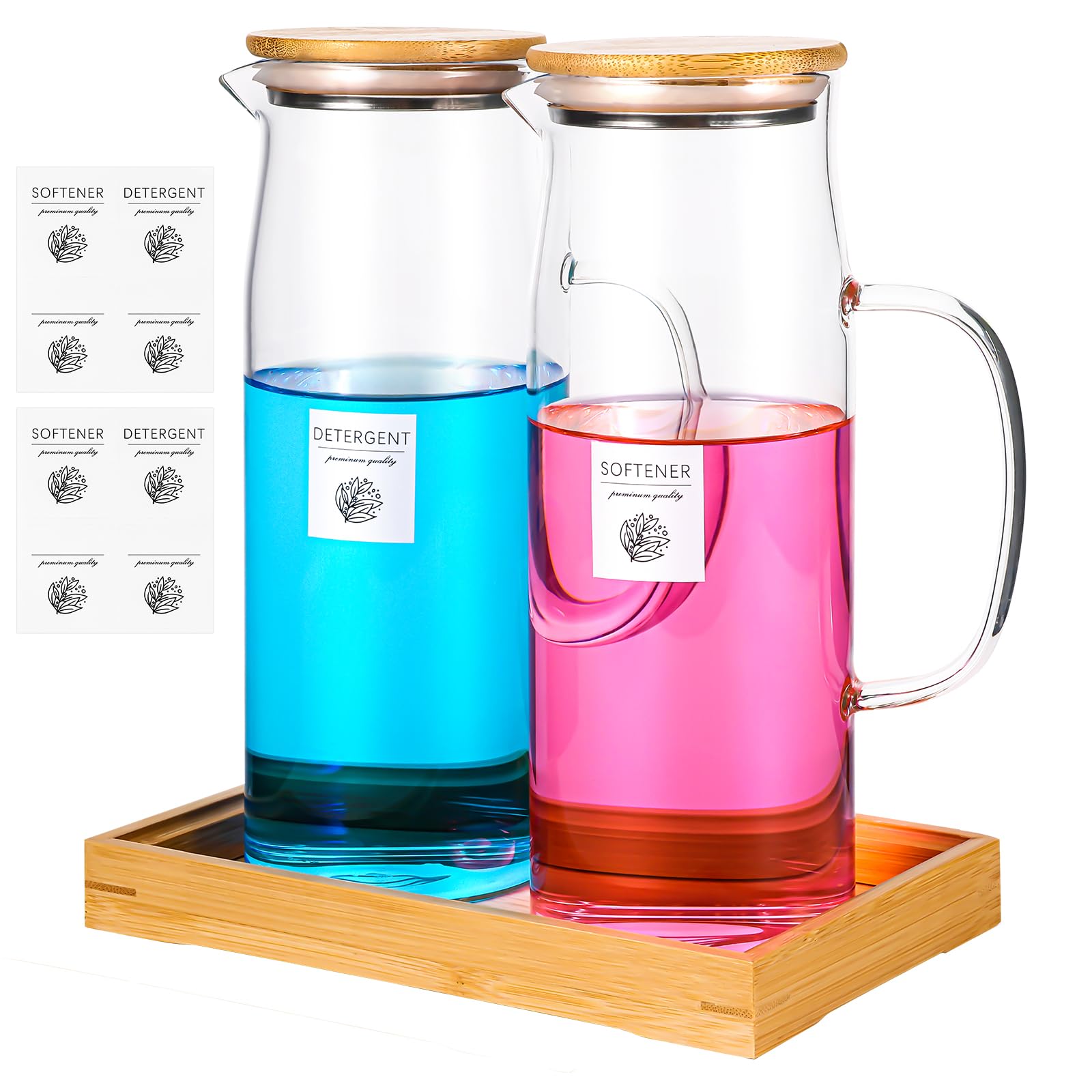 Photo 1 of 2 Pack Glass Laundry Detergent Dispenser with Tray & 8 Labels,50 Oz Laundry Soap Container for Laundry Room Organization Detergent Storage Containers for Powder & Liquid Detergent(Bamboo lid)