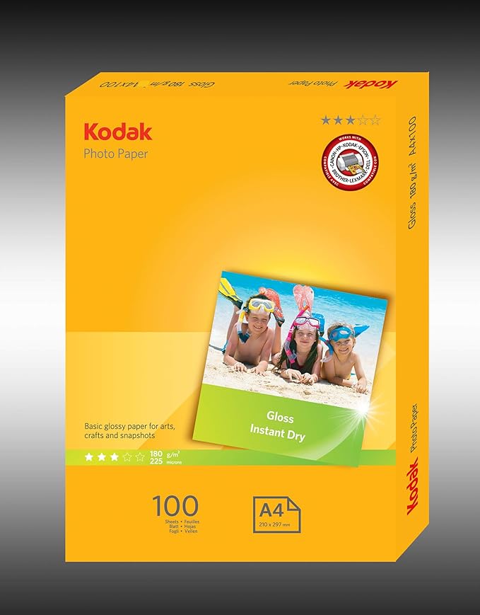 Kodak 180GSM 100 Sheets Gloss Instant Dry 180gsm A4 Photo Paper, (5740