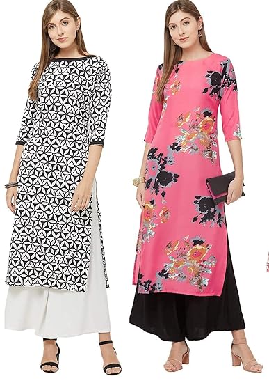 Womens Multicolor Printed Straight Kurta Pack of 02(Black-CHAKRI & Dabba-Pink)