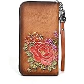AEGGEAI Embossing Purses for Women, Genuine Leather Long Wallet Vintage Floral Zipper Clutch Large Capacity (Brown)