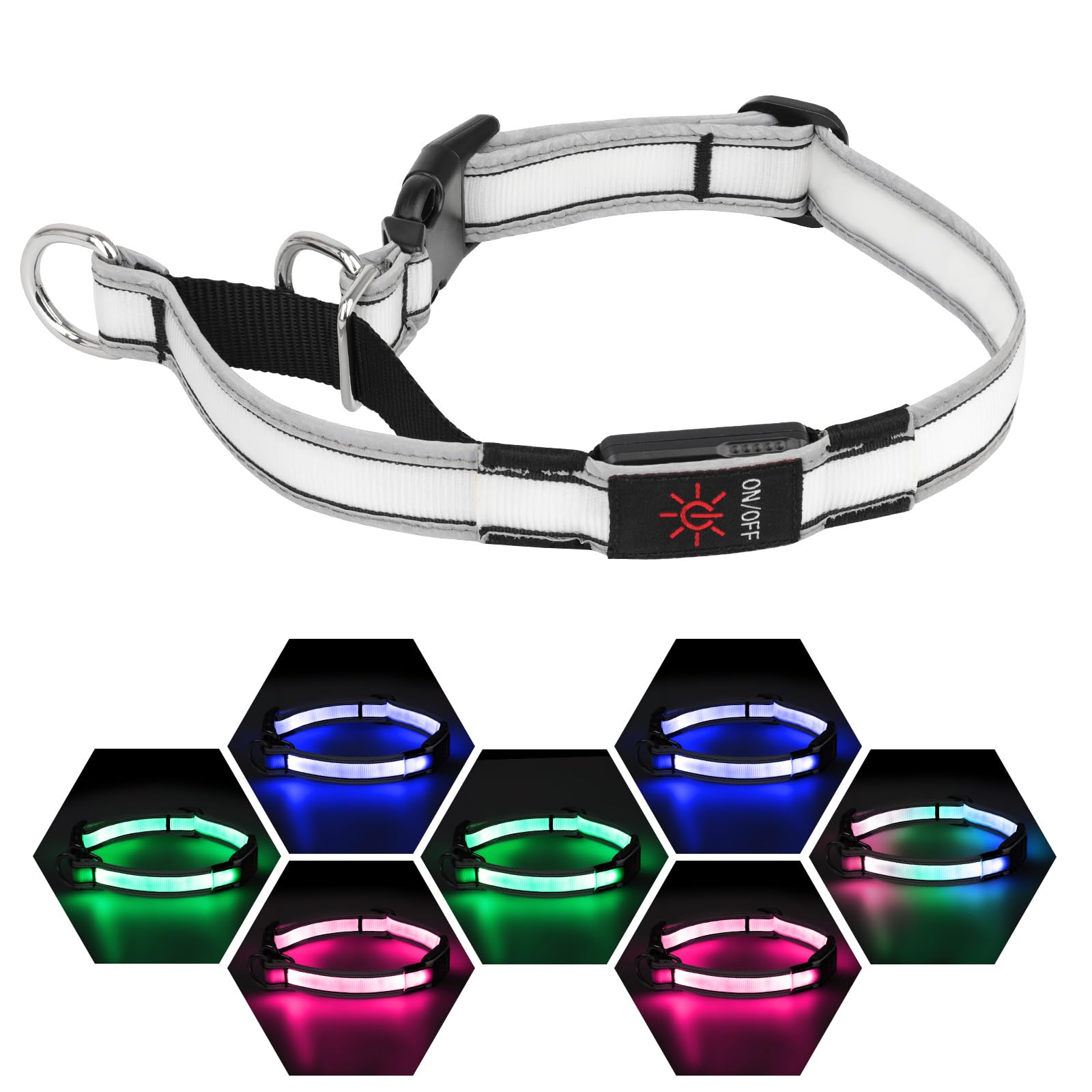 Photo 1 of PZRLit Light-Up Martingale Collar for Dogs Multi-Color, No Pull Nylon Adjustable Collars with Buckle, LED Reflective Choke Collar, Rechargeable Training Dog Collars for Small Medium Large Dogs-Medium
