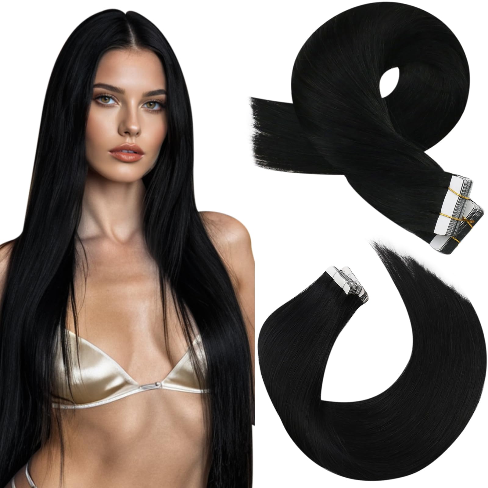 Moresoo Black Tape in Hair Extensions Human Hair Jet Black 20 Inch Invisible Double Sided Tape in Human Hair Extensions Real Hair for Women Natural Volume Look 20 Pieces/50g #1 — image 1