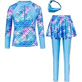 SunFocus Girls Long Sleeve Rashguard Half Zip Swimsuits UPF 50+ Two Piece Swim Sets with Hairband 5-12Y
