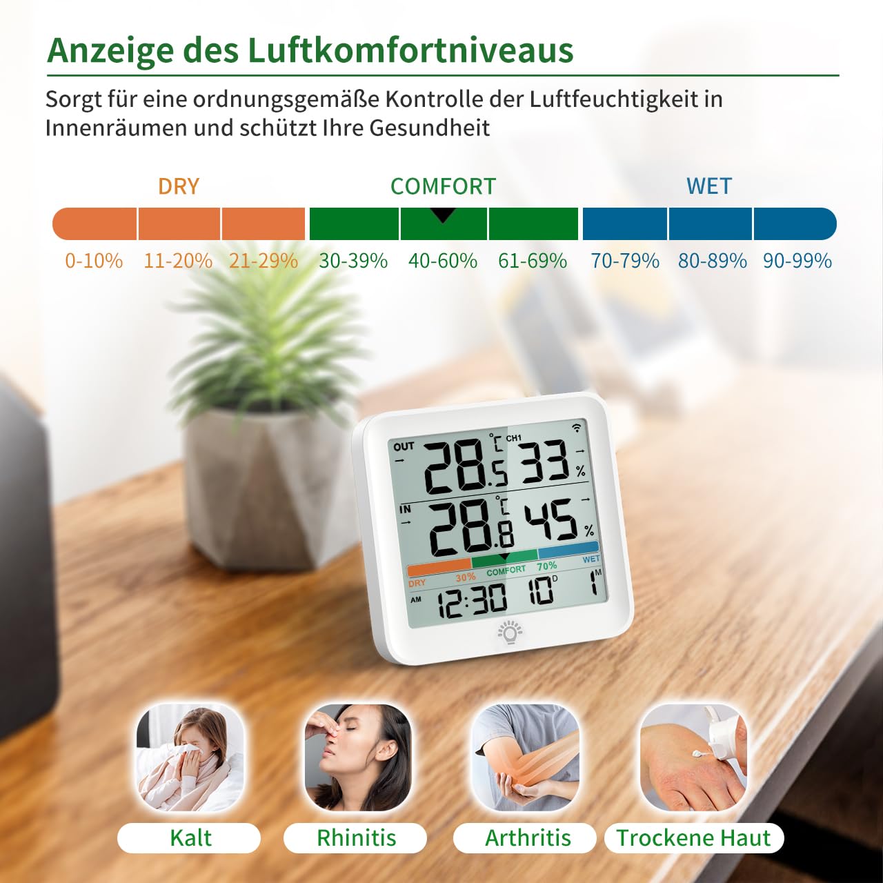 VOCOO Thermometer Innen/Ausen,kabellos Wetterstation Hygrometer mit Außensensor mit uhr,Digitales Raumthermometer mit Hintergrundbeleuchtung Luftindikator LCD MIN/MAX Display, ℃/℉ Schalter 6