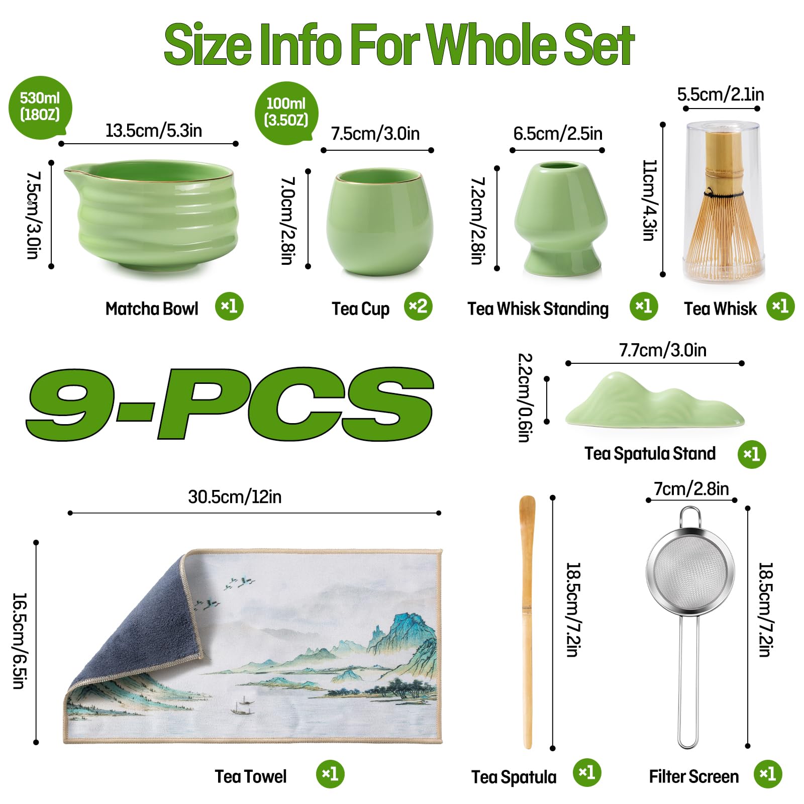 Matcha set - 9 Stück Japanisches Tee-set Inkl Chawan mit Ausgießer, 2 tazze, Schaufel, Halter, Sieb, Matchabesen das perfekte Geschenk für Japanische Teezeremonie-Liebhaber,Green